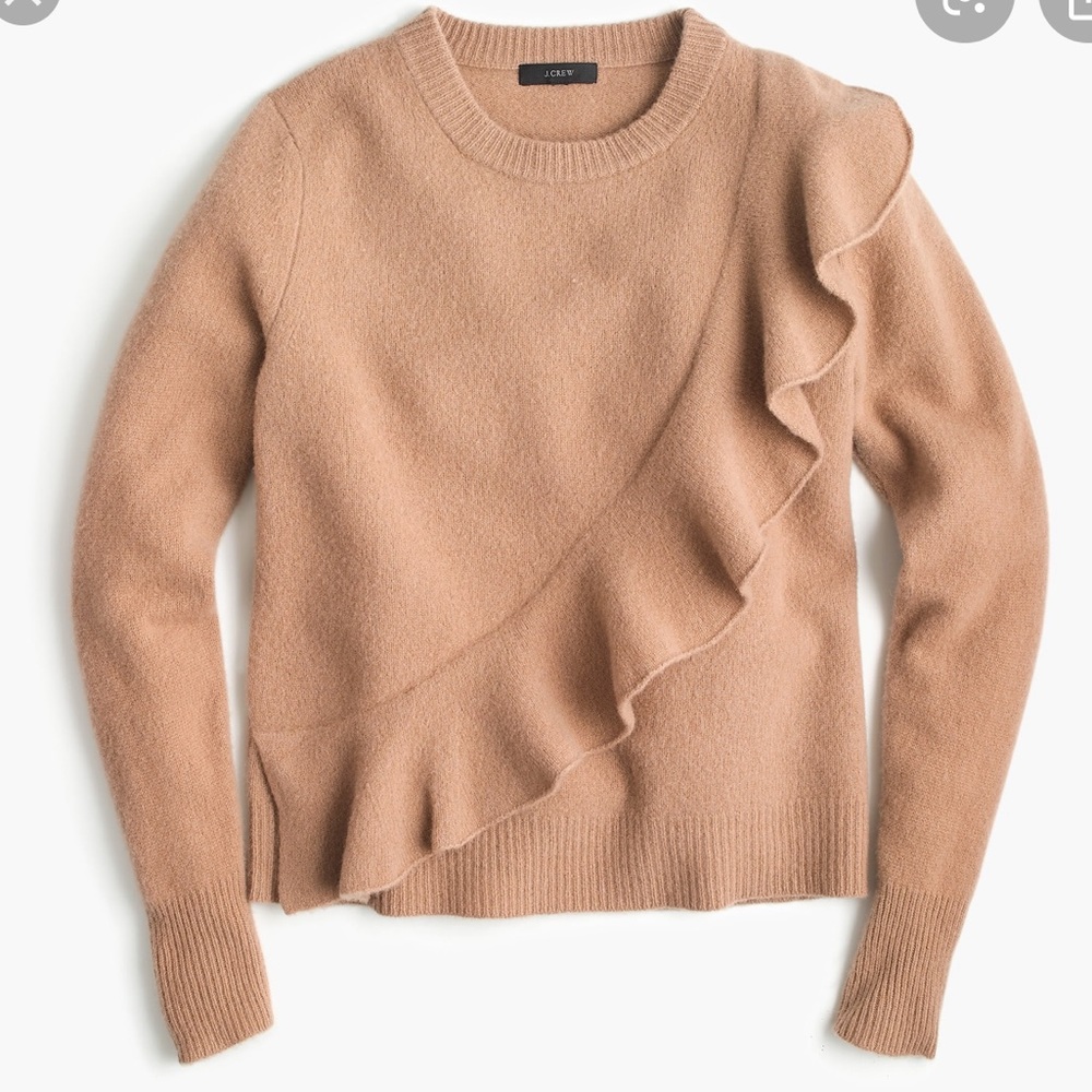 J CREW camel ruffle crew neck wool sweater
